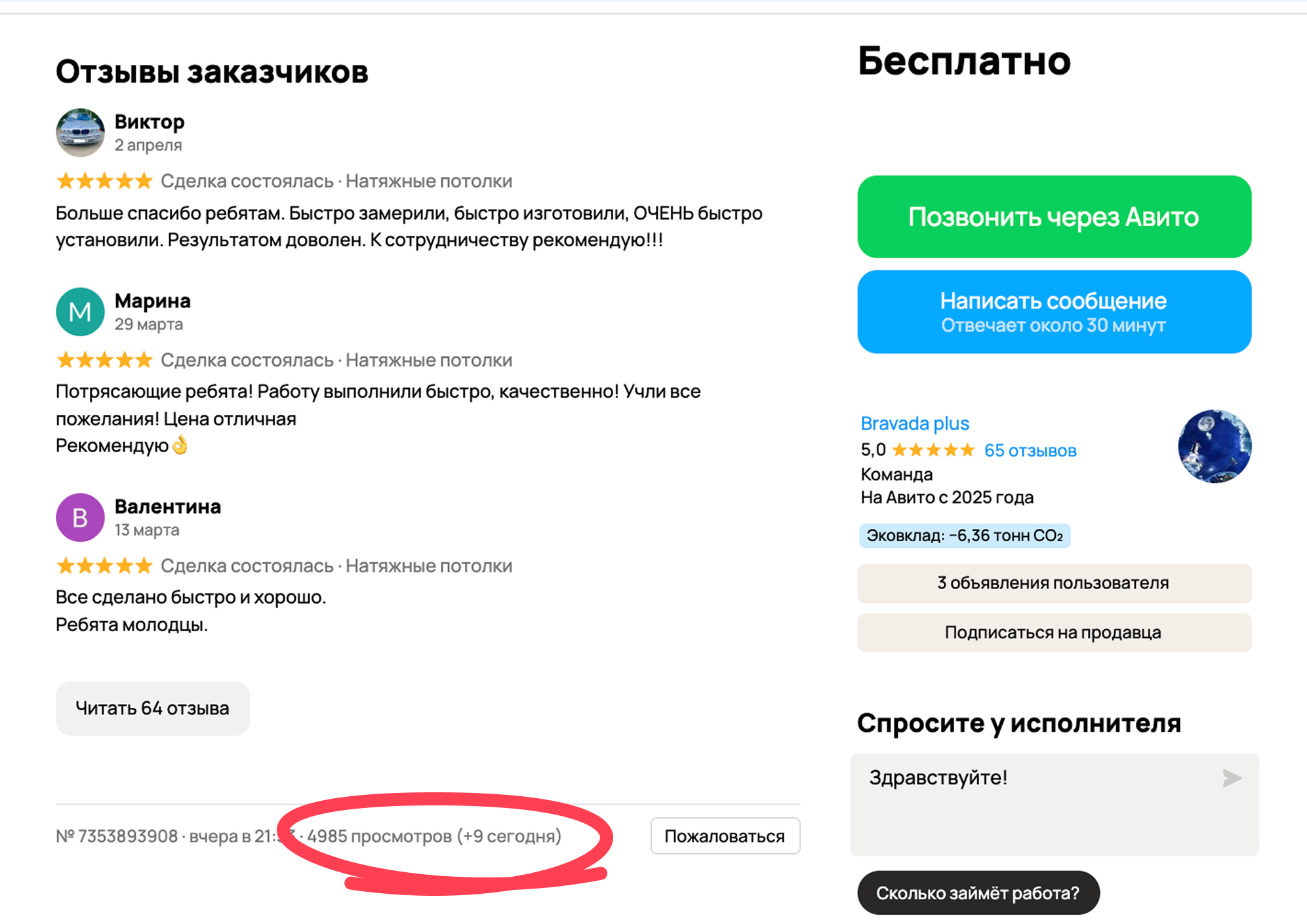 Количество просмотров на объявлении в Авито